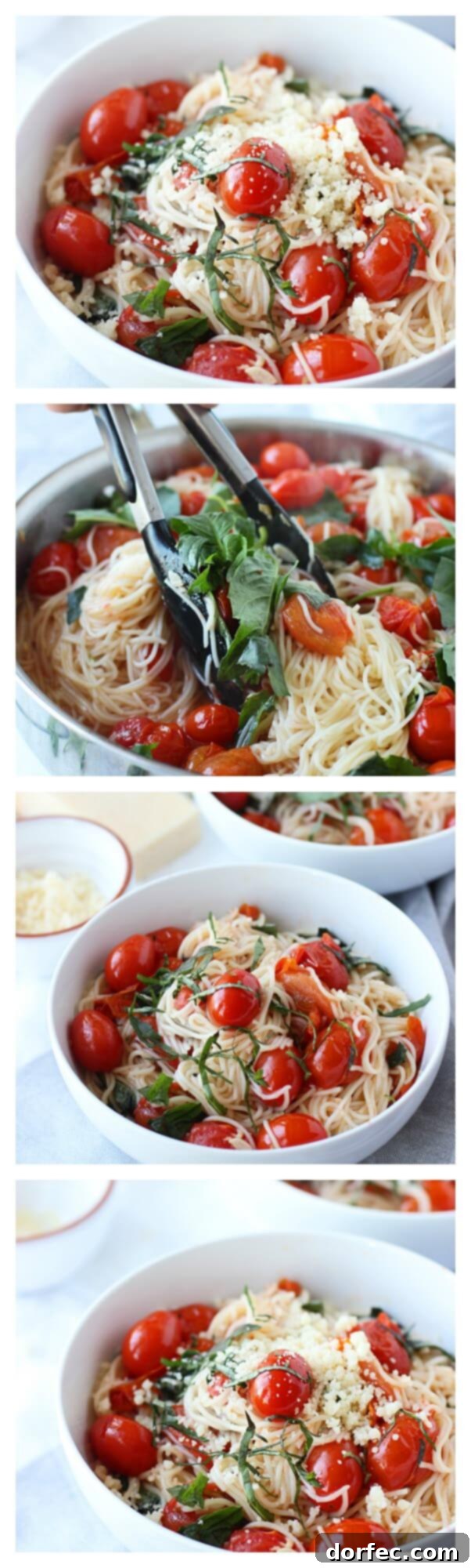 Two bowls of fresh tomato basil pasta, generously topped with Parmesan cheese.