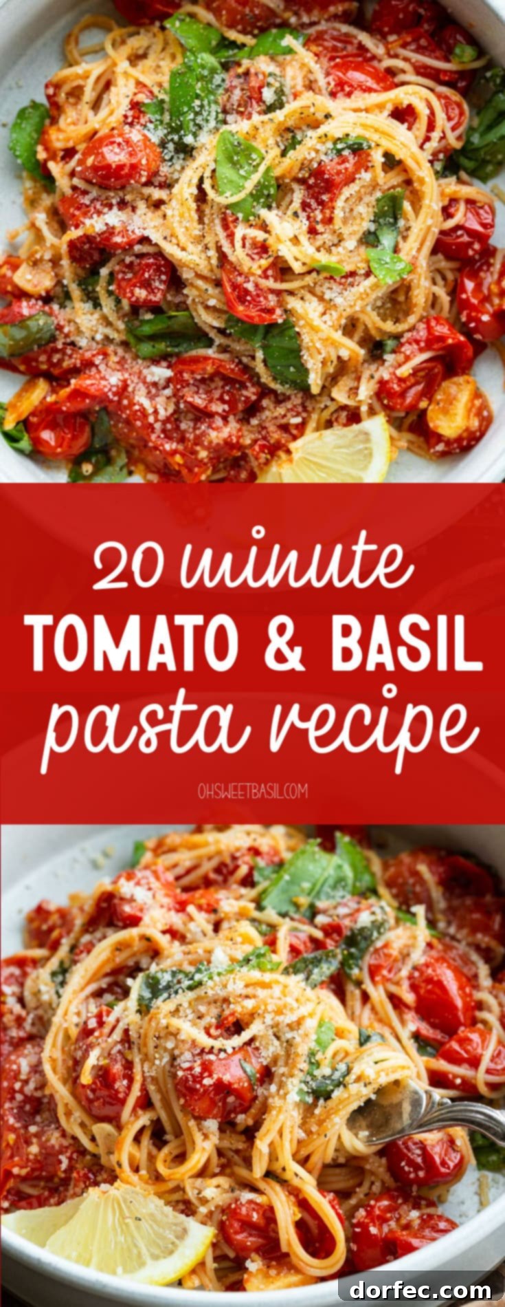 A vibrant Italian dish showcasing fresh basil, perfectly sautéed cherry tomatoes, and a bright slice of lemon on the side.