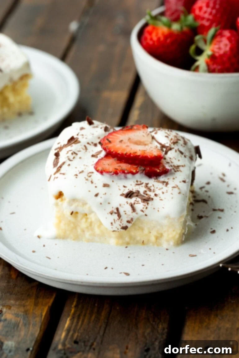 Tres Leches Cake The Creamy Three Milk Delight 2 A photo of a slice of Tres Leches cake on a small dessert plate topped with two slices of strawberry and shaved chocolate, showcasing its moist texture.