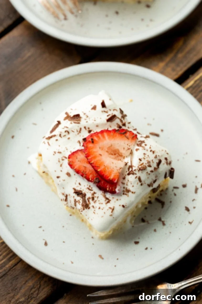 Tres Leches Cake The Creamy Three Milk Delight 4 A photo taken over the top of a piece of Tres Leches cake on a small white dessert plate topped with sliced strawberries and shaved chocolate, perfect for Cinco de Mayo.
