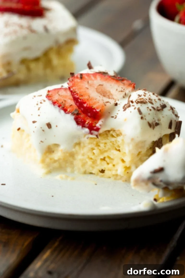 Tres Leches Cake The Creamy Three Milk Delight 5 A photo of a pieces of Tres Leches cake with a bite removed so you can see the inside of the moist cake topped with whipped cream, sliced strawberries and shaved chocolate, highlighting its deliciousness.