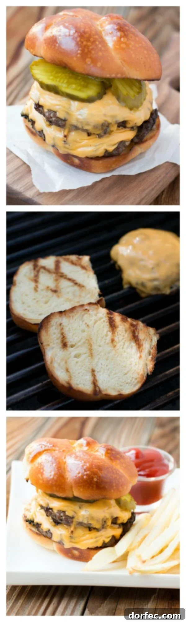 Step-by-step collage showing the process of making the perfect grilled hamburgers.