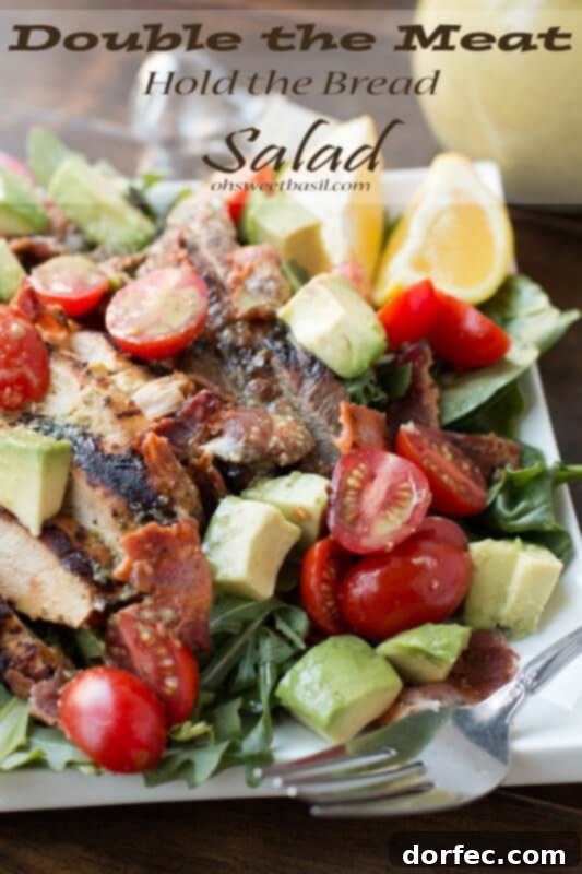 Double the Meat, Hold the Bread BLT Salad Recipe - Marinated steak and chicken, bacon, avocados, tomatoes and the best cilantro dressing.
