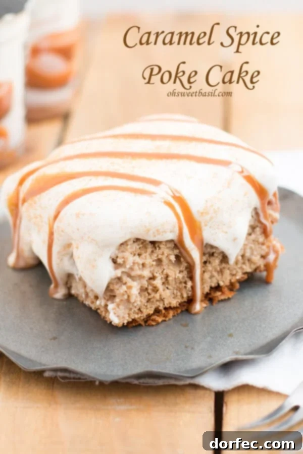 Moist and Flavorful Caramel Spice Poke Cake Slice of Caramel Spice Poke Cake showing the moist interior infused with caramel goodness