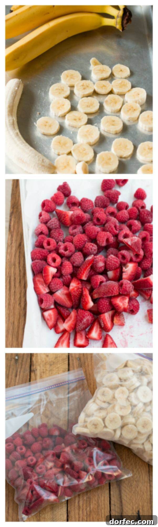 Expert tips on how to freeze fruit for healthier, cheaper, and creamier smoothies. A close-up shot of frozen fruit, featuring mixed berries and sliced bananas, in a freezer-safe bag, illustrating proper storage after flash freezing.