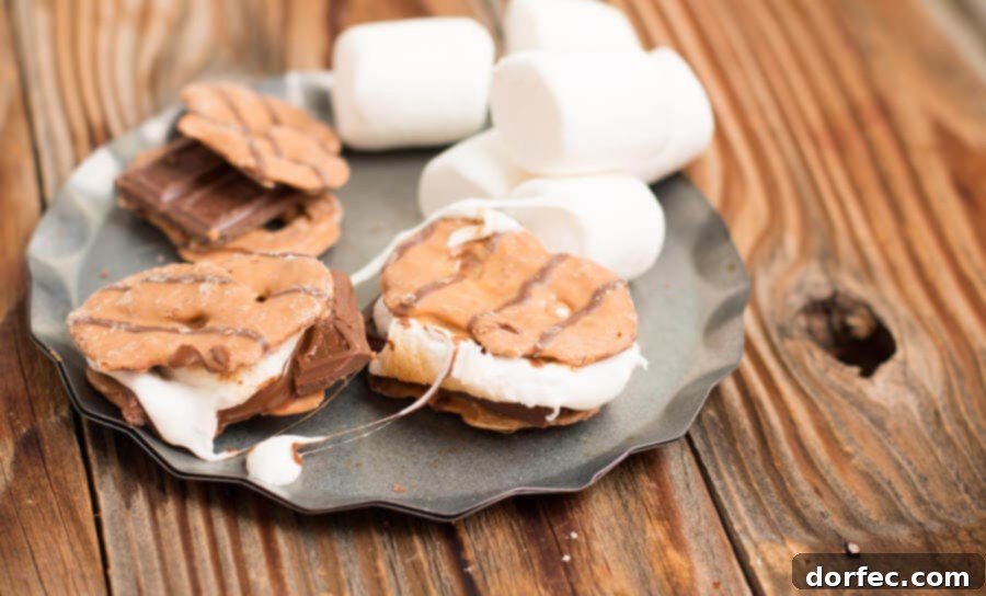 The BEST s'more I've ever had. Peanut butter pretzel crisps instead of grahams! ohsweetbasil.com chocolate, summer, camping dessert, camp food, marshmallow