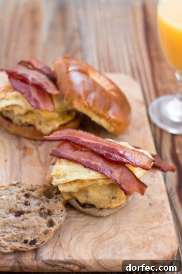 our favorite breakfast sandwich and the secret is in the bread ohsweetbasil.com bacon, cheddar, eggs, bagel, sausage, english muffin, to-go breakfast, quick breakfast
