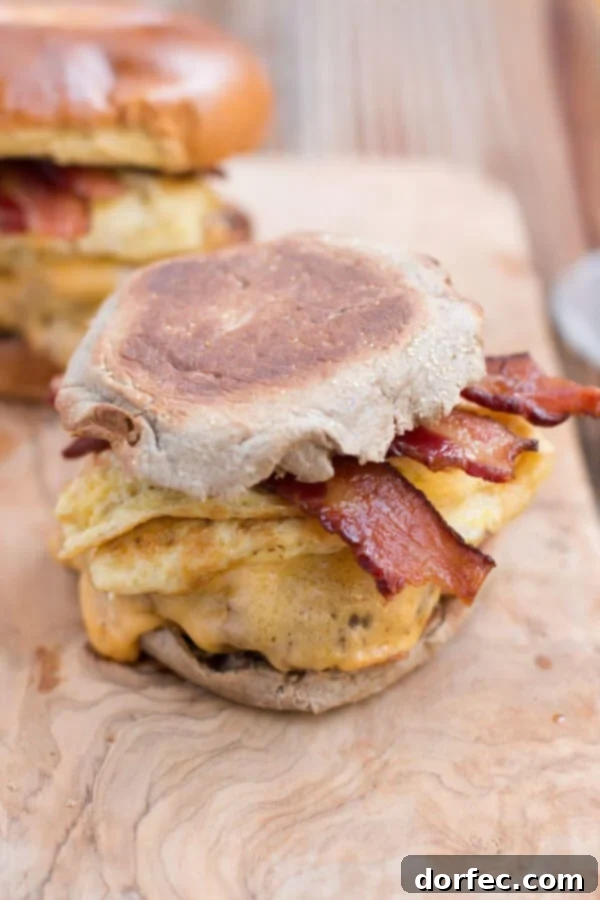 our favorite breakfast sandwich and the secret is in the bread ohsweetbasil.com bacon, cheddar, eggs, bagel, sausage, english muffin, to-go breakfast, quick breakfast