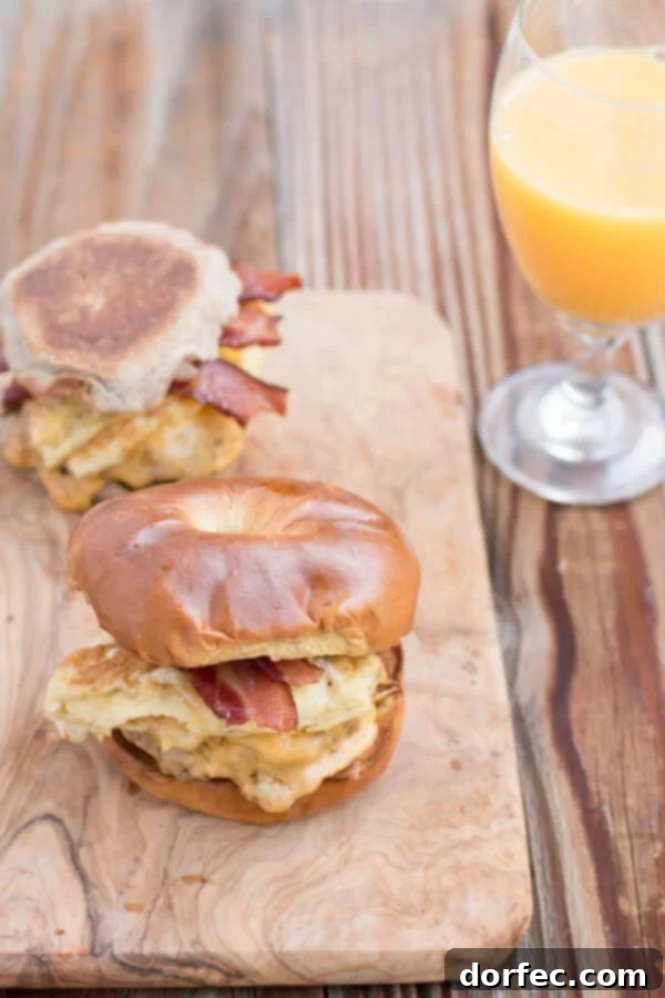our favorite breakfast sandwich and the secret is in the bread ohsweetbasil.com bacon, cheddar, eggs, bagel, sausage, english muffin, to-go breakfast, quick breakfast