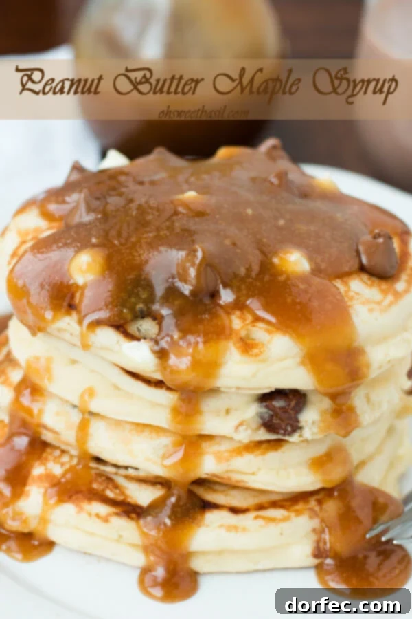 Luscious White Chocolate Blueberry Pancakes 6 Delicious peanut butter maple syrup in a glass jar, perfect for drizzling over a stack of pancakes