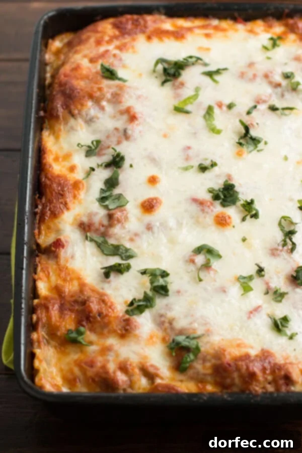 Close-up of baked easy homemade lasagna showcasing the golden sweet cheddar crust