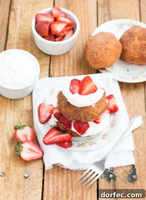 Detailed shot of airy, perfectly whipped cream ready to top deep fried strawberry shortcakes