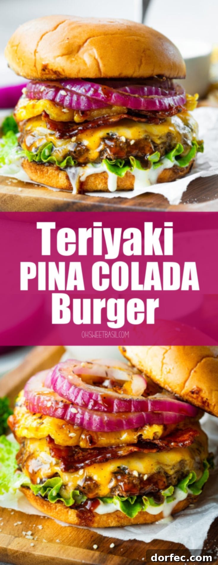A close-up shot of a juicy Teriyaki Pina Colada Burger, with the top bun slightly lifted to reveal the layers of melted cheese, crispy bacon, grilled pineapple, and red onions, all resting on a flavorful patty.