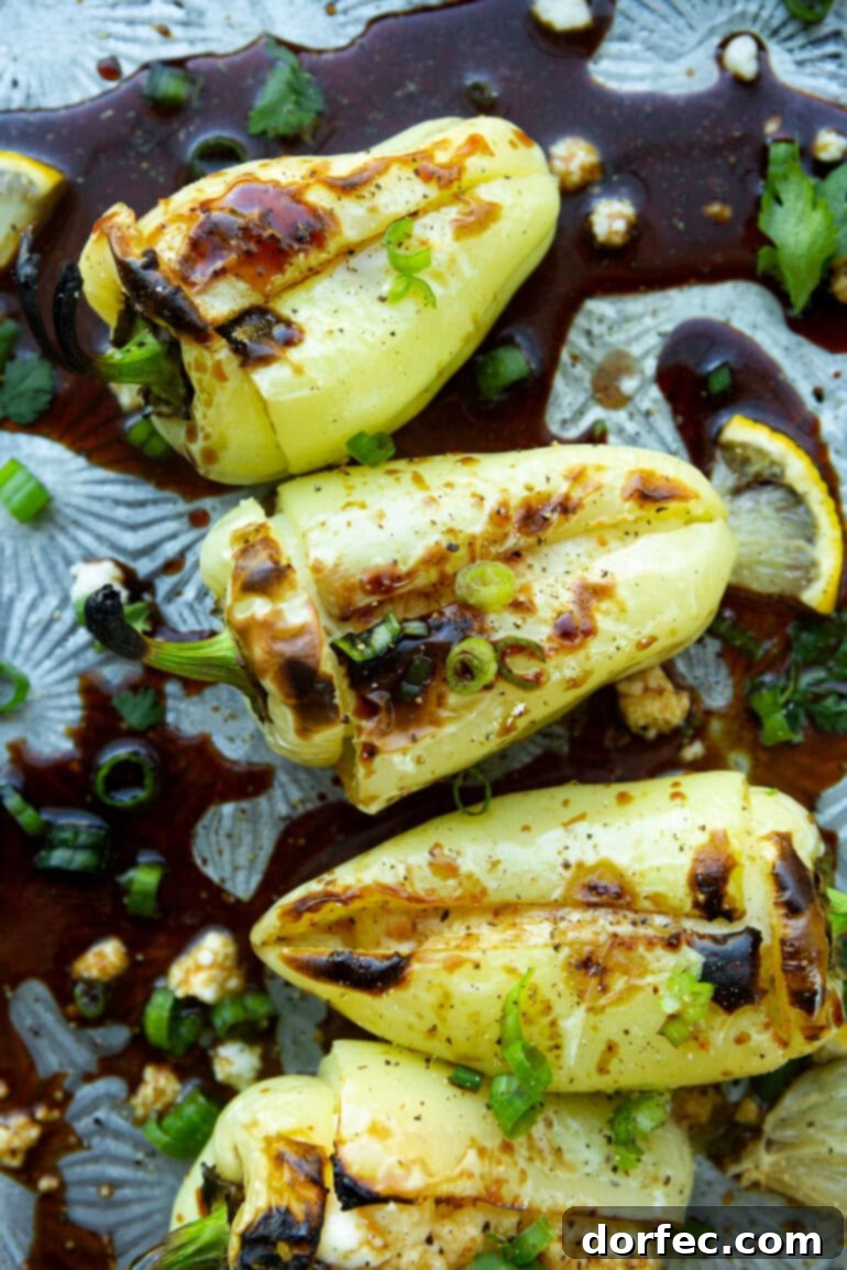 A vibrant platter of several grilled peppers stuffed with melted queso fresco cheese, garnished and ready to serve.