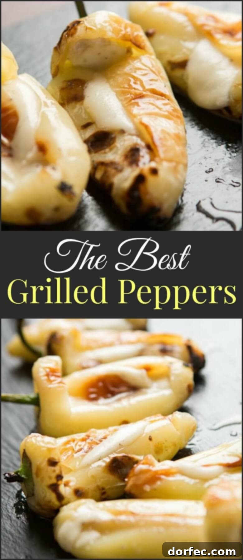 A beautifully arranged platter of grilled cheesy peppers, highlighting their golden char and melty cheese filling.