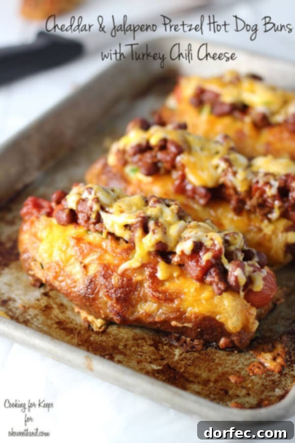 Jalapeño & Cheddar Pretzel Hot Dog Buns with Turkey Chili Cheese: The Ultimate Hot Dog Experience Gourmet Jalapeño & Cheddar Pretzel Hot Dog Buns with Savory Turkey Chili Cheese