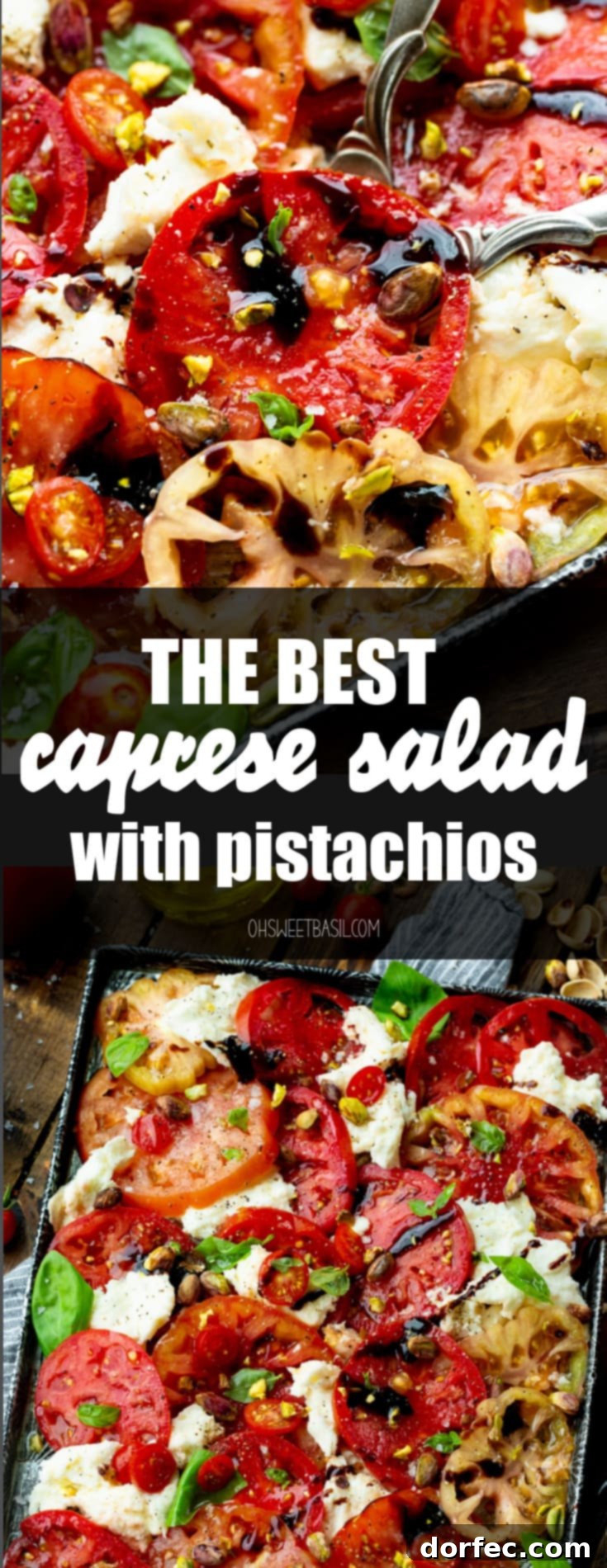 Elevated Caprese Salad with Pistachios 12 A large, inviting serving tray overflowing with beautifully arranged Caprese salad, featuring generous slices of tomatoes and fresh mozzarella, adorned with vibrant basil leaves, a glistening balsamic drizzle, and a scattering of pistachios for added crunch.