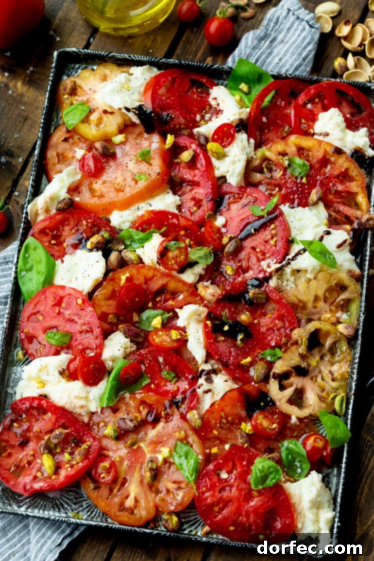 Elevated Caprese Salad with Pistachios 6 A large serving tray generously filled with alternating slices of red and yellow tomatoes and fresh mozzarella, artfully topped with vibrant basil leaves, a glistening balsamic drizzle, and crunchy pistachios, ready to serve.