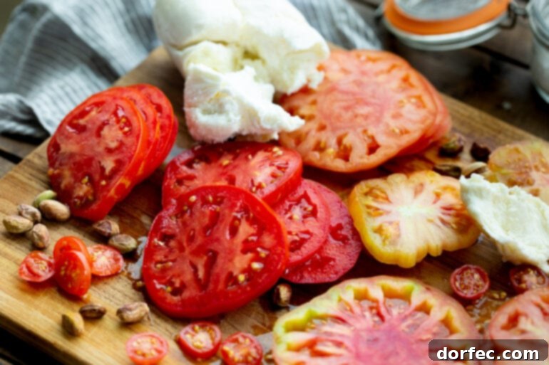 Elevated Caprese Salad with Pistachios 7 A rustic cutting board displaying thick slices of colorful heirloom tomatoes and creamy chunks of fresh mozzarella cheese, awaiting assembly for a fresh Caprese salad.