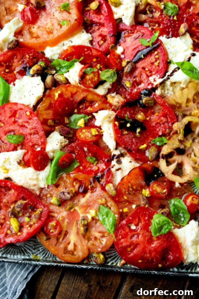 Elevated Caprese Salad with Pistachios 8 A generous Caprese salad arranged on a large serving tray, richly adorned with toasted pistachios, fresh basil leaves, and a glossy balsamic drizzle, ready to be enjoyed by a group.