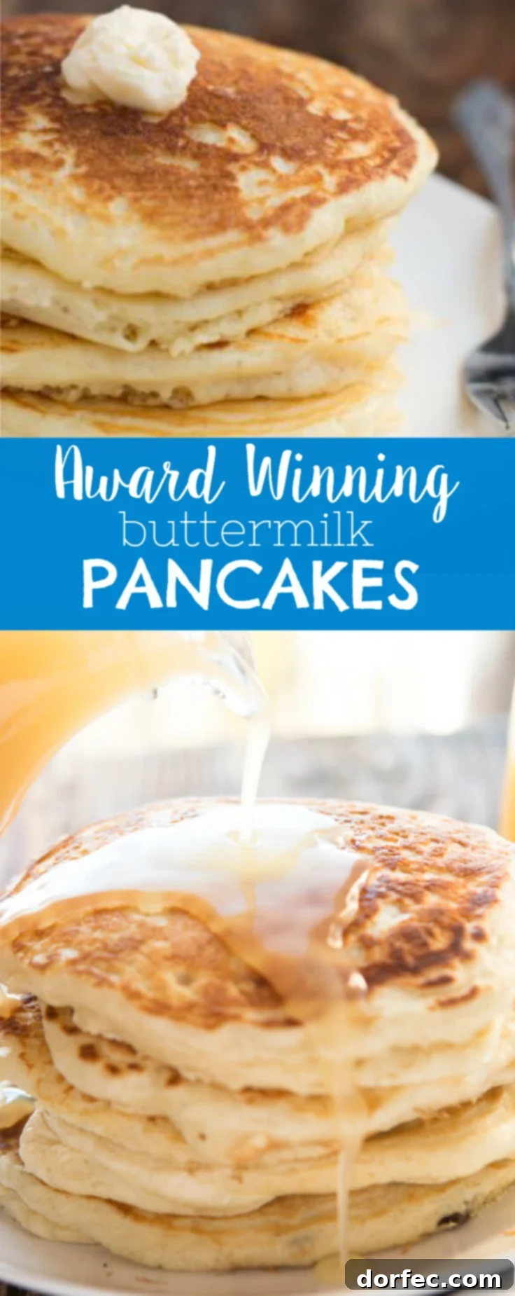 A beautifully plated stack of buttermilk pancakes, showcasing their fluffy texture and golden brown exterior, inviting a delicious breakfast.