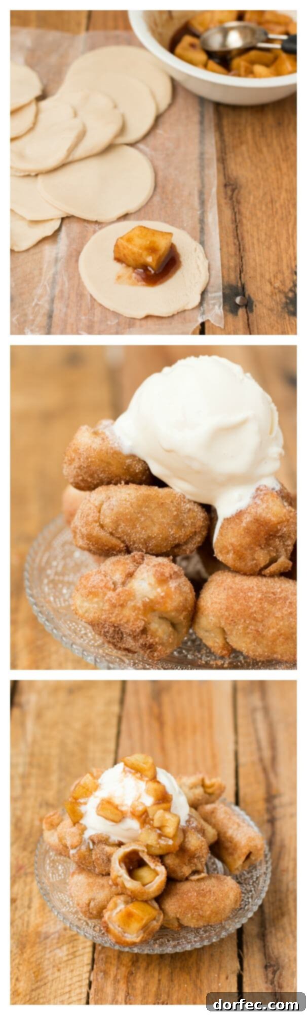A stack of warm apple pie bombs, glistening with glaze, paired with a generous scoop of vanilla ice cream.