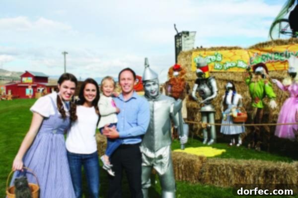 A family portrait at a fall festival, with popular characters, highlighting cherished autumn memories.