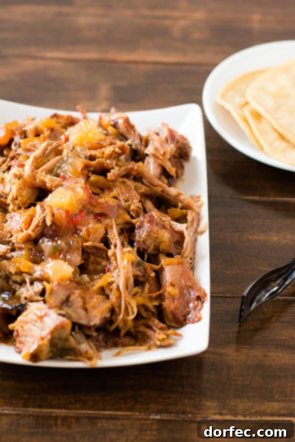 Pineapple Habanero Pork in a slow cooker, ready to be shredded