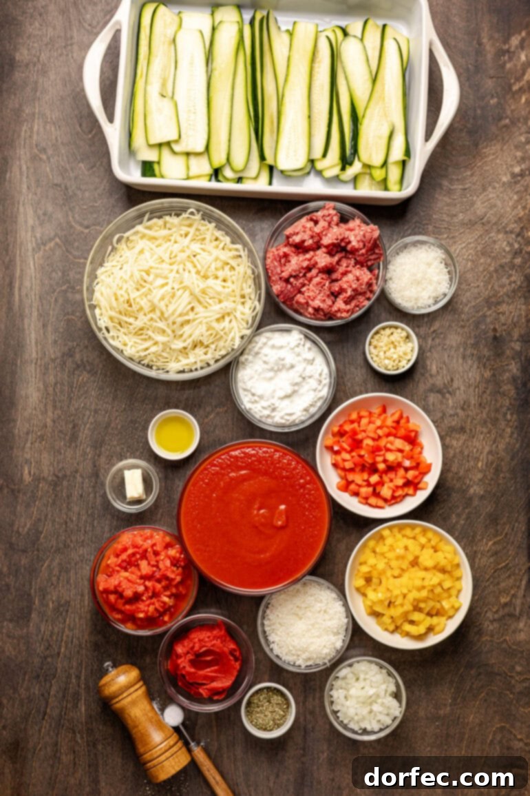 The ingredients to make zucchini lasagna are laid out on a wooden table in individual bowls, neatly organized for visual appeal and ease of preparation.