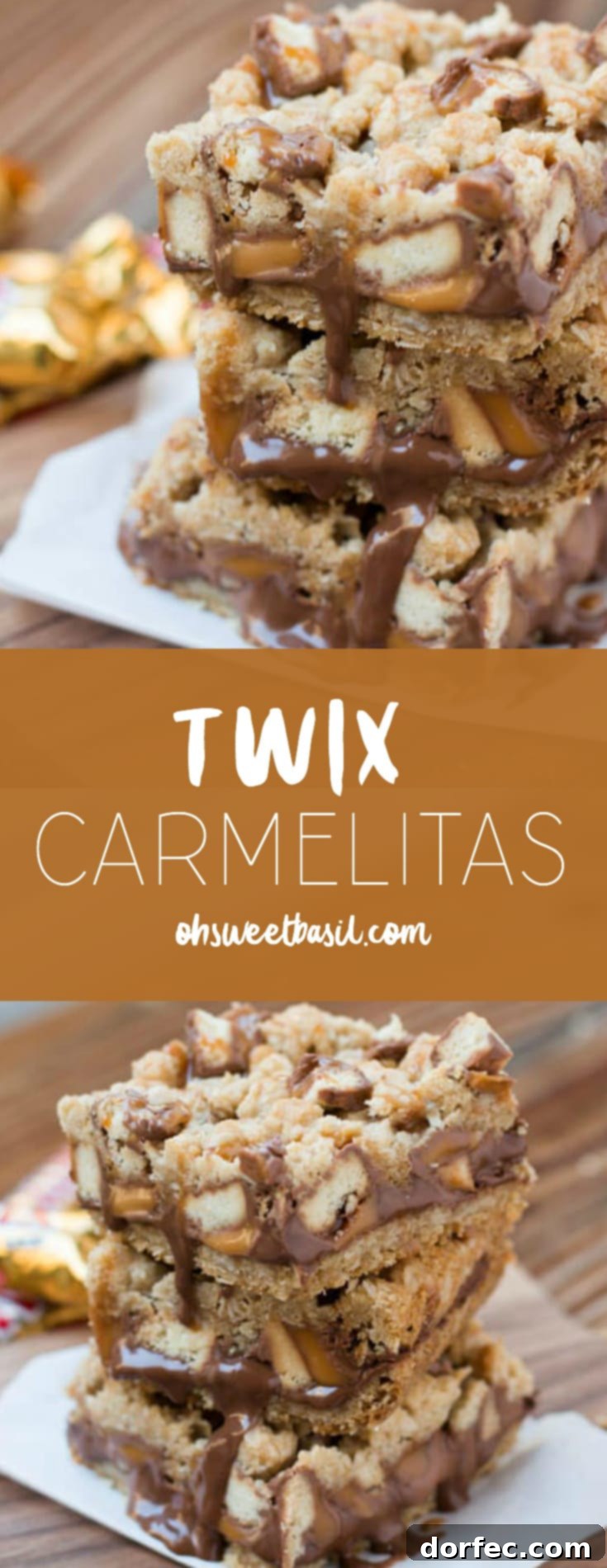 Twix Caramel Shortbread Bars 3 A stack of Twix Carmelitas with chocolate, caramel and chunks of twix candy bars