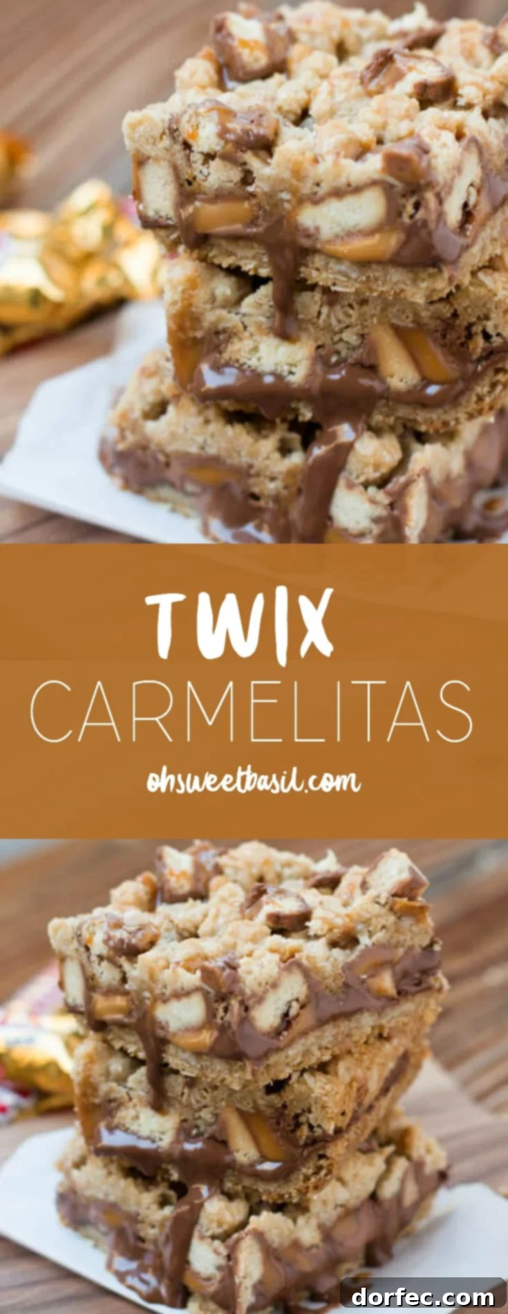 Chewy Twix Caramel Dream Bars 3 A stack of Twix Carmelitas with chocolate, caramel and chunks of twix candy bars
