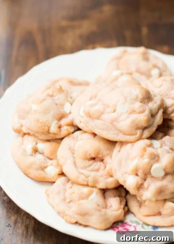 Best Ever Strawberry and Cream Cookies A single, perfectly baked Strawberries and Cream Pudding Cookie, showcasing its delicate pink color and delectable white chocolate chunks