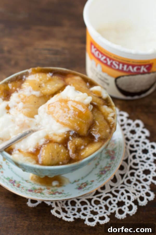 Delicious Bananas Foster Rice Pudding with caramel bananas and creamy rice