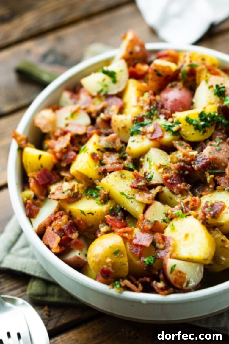 a photo of a bowl of german potato salad with golden potatoes, bacon bits and chopped fresh parsley.