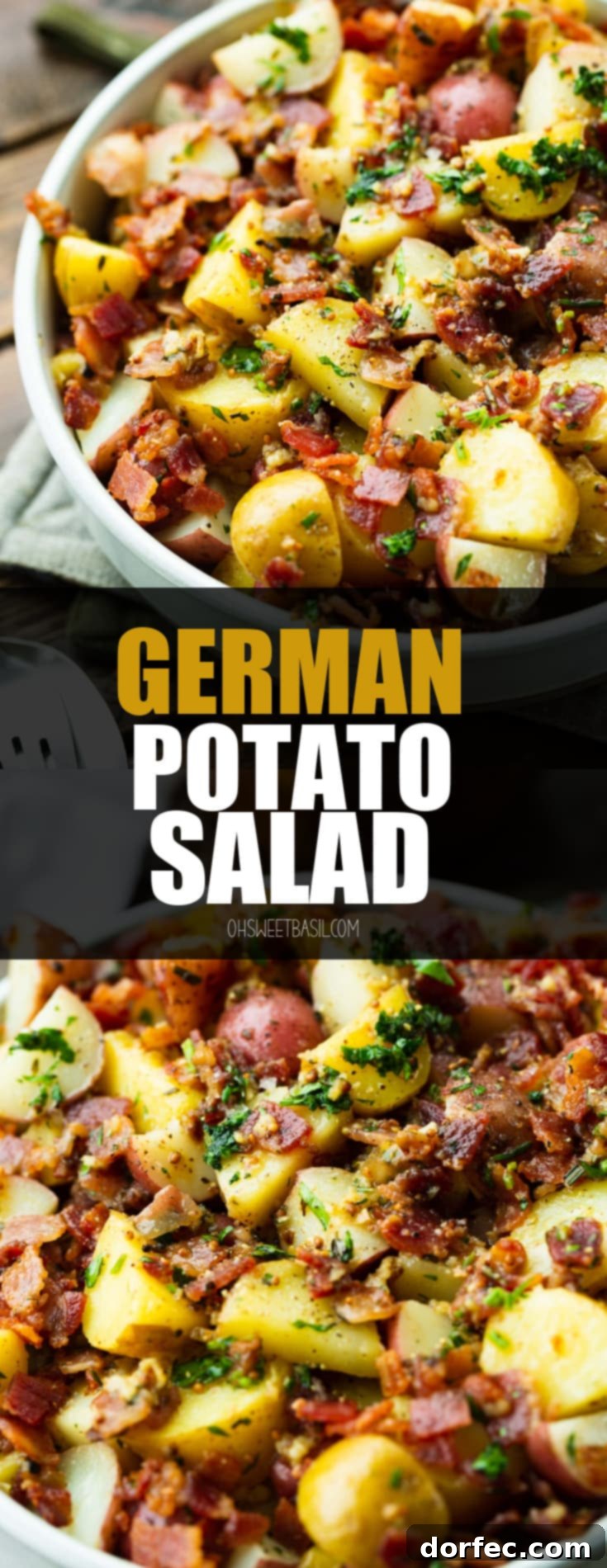 a photo of a large white bowl full of German potato salad consisting of cubed potatoes, bacon bits and parsley.