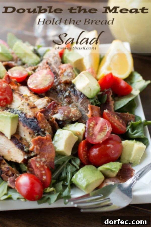 Hearty BLT Salad with Steak, Chicken, Bacon, Avocado, Tomatoes, and Cilantro Dressing