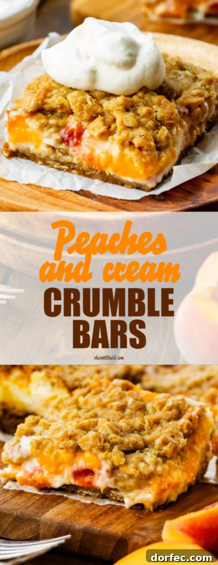 A single square piece of peaches and cream crumble bar topped with a dollop of whipped cream, resting on parchment paper on a wooden serving plate.