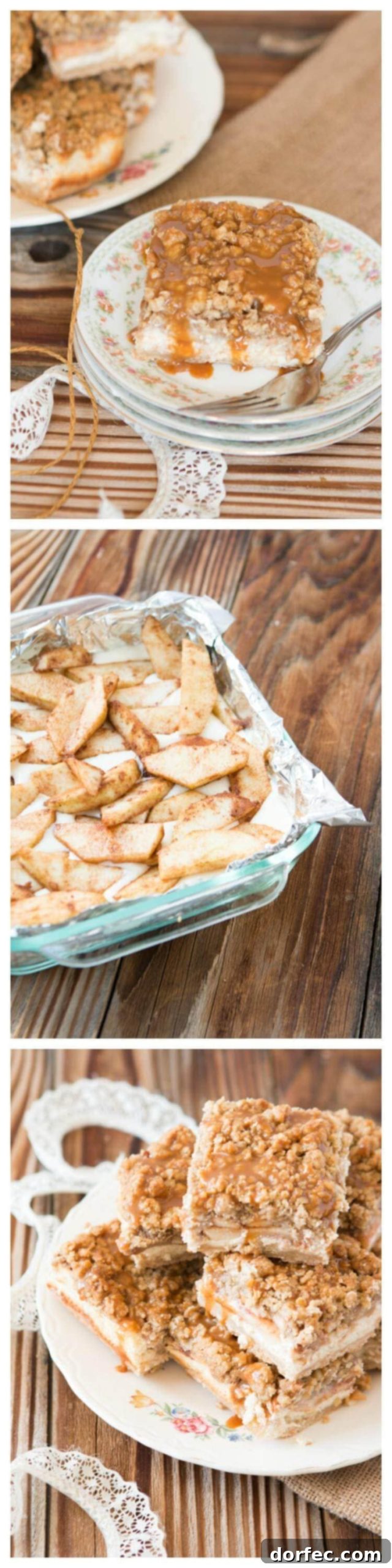 Closeup of Cheesecake Caramel Apple Crisp Bars ready to be served