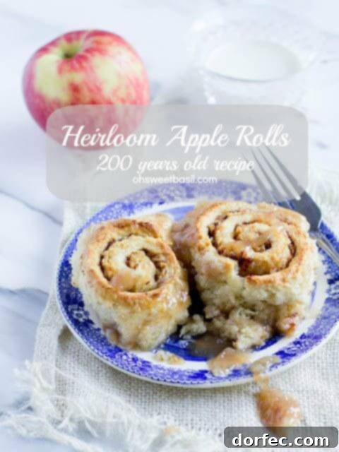 Heirloom Apple Rolls from over 200 years ago. Tender cinnamony rolls loaded with apples and baked in a sweet syrup. Serve with warm cream or milk and enjoy ohsweetbasil.com