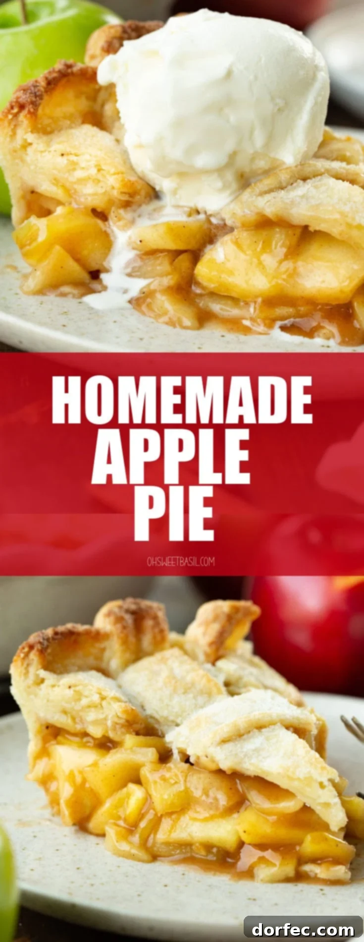 A photo of a slice of homemade apple pie with a golden lattice top and cooked cinnamon apples inside, topped with a scoop of vanilla ice cream.