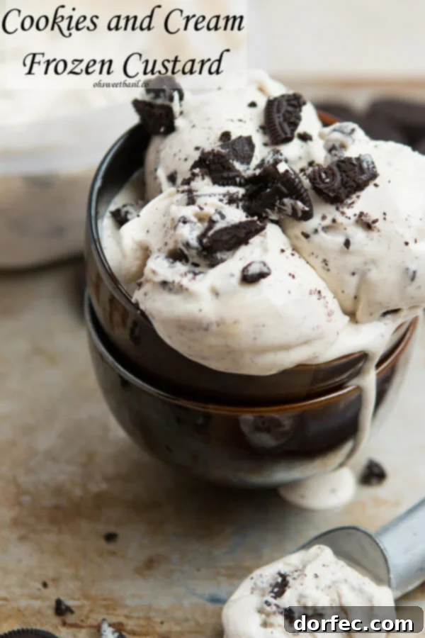 The creamiest and best homemade ice cream I have ever, ever made. Cookies and Cream Frozen Custard on ohsweetbasil.com Indulge in the creamiest, most delectable homemade Cookies and Cream Frozen Custard. A rich, eggy base swirled with generous chunks of chocolate sandwich cookies. The best ice cream recipe on ohsweetbasil.com