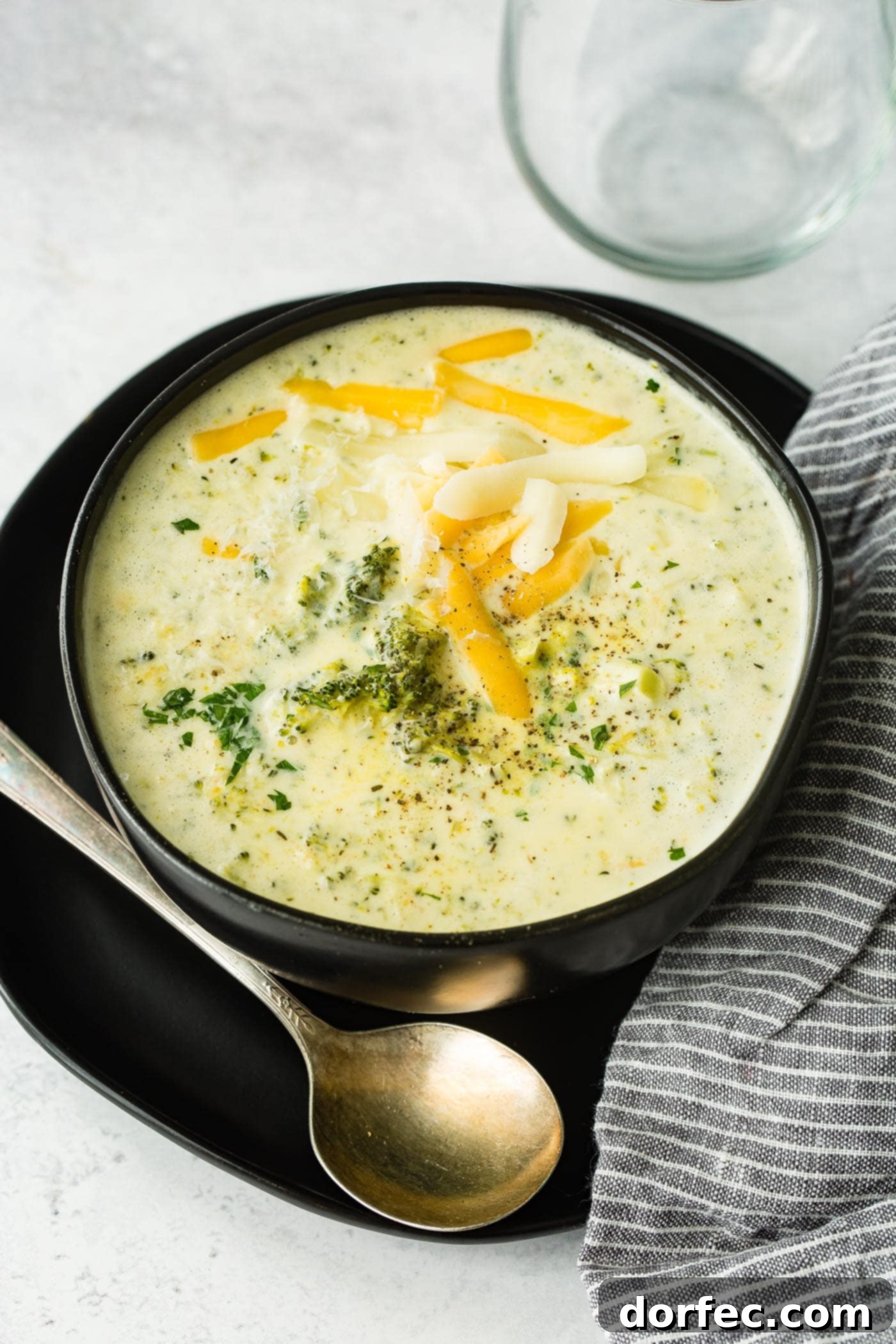 A dark ceramic bowl overflowing with rich and cheesy slow cooker broccoli cheddar soup, garnished with a sprinkle of fresh cheddar cheese, ready to be enjoyed.