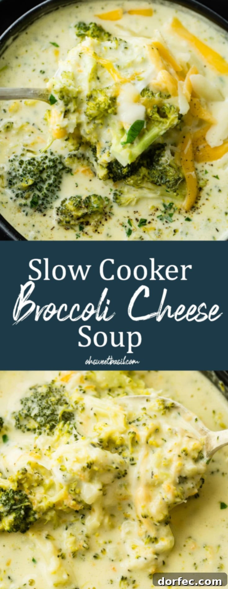 A black bowl filled with rich and creamy slow cooker broccoli cheese soup, garnished with extra shredded cheese and a sprig of fresh basil for an appealing finish.