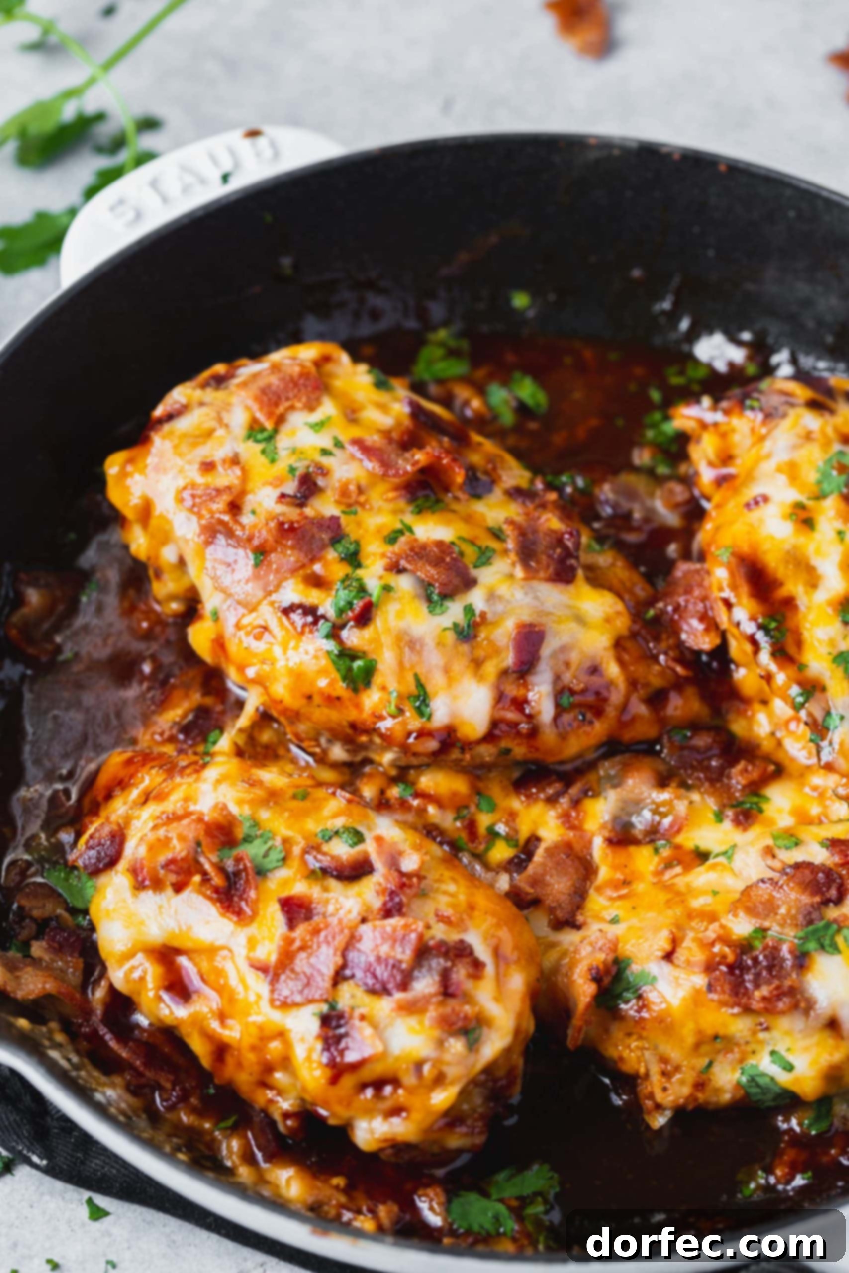 Cheesy Bacon BBQ Chicken Four golden-brown chicken breasts in a skillet, generously topped with melted Colby Jack cheese, crispy bacon bits, and fresh green parsley.