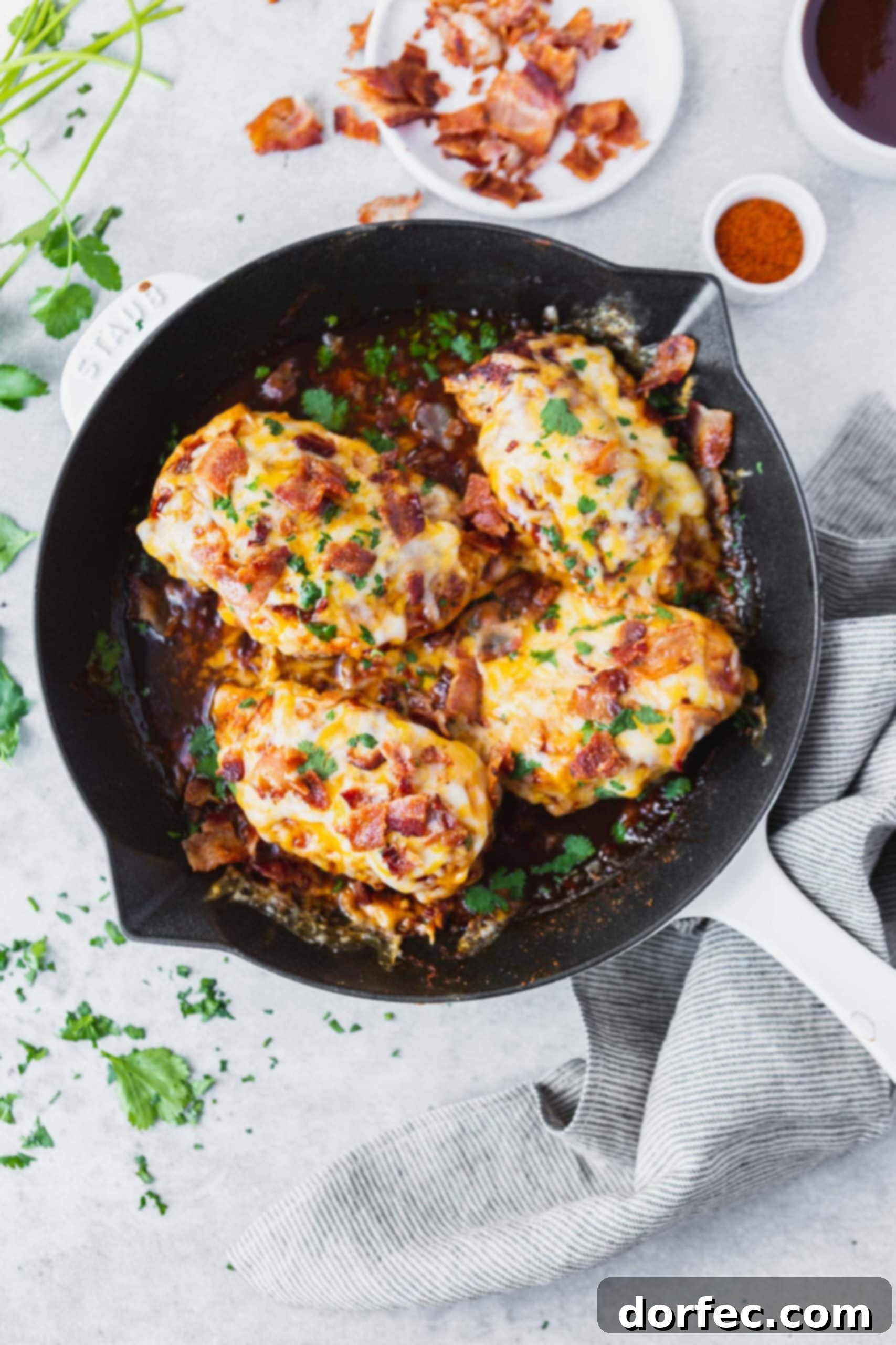 Cheesy Bacon BBQ Chicken A sizzling skillet featuring four perfectly seared chicken breasts, ready for the next step of the recipe.