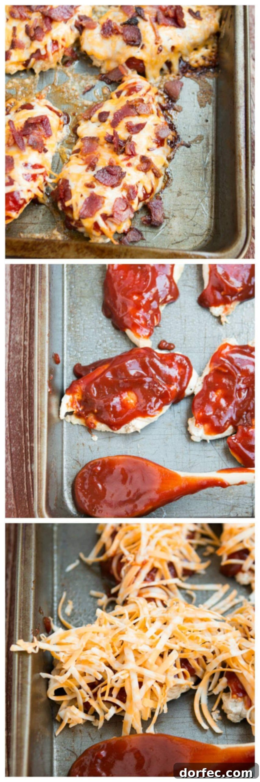 Loaded Cheesy Bacon BBQ Chicken 4 A close-up of a meat thermometer inserted into a cooked chicken breast, showing the internal temperature, ensuring perfect doneness.