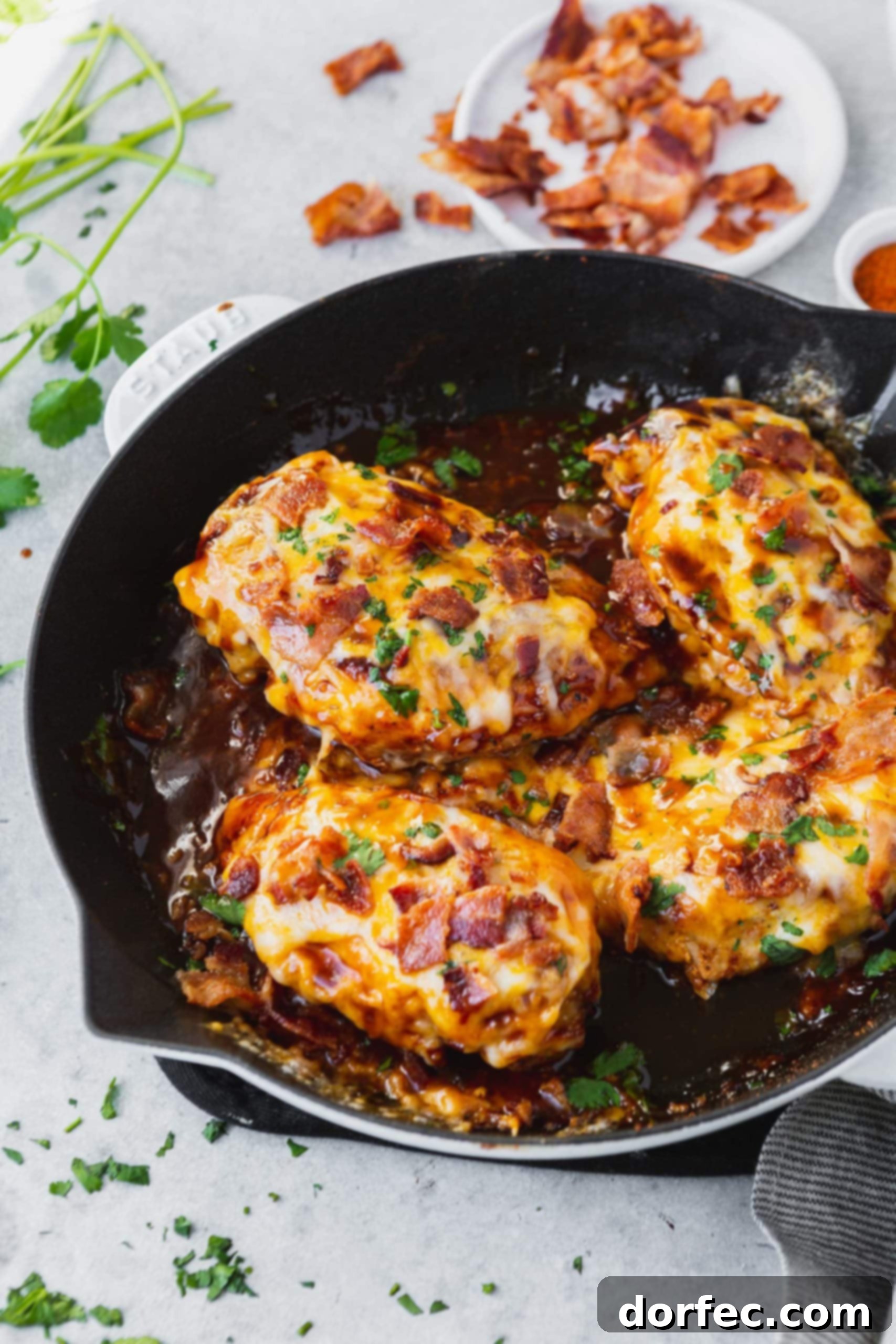 Cheesy Bacon BBQ Chicken Four mouth-watering chicken breasts, generously covered with melted cheese and crispy bacon bits, served in a skillet.