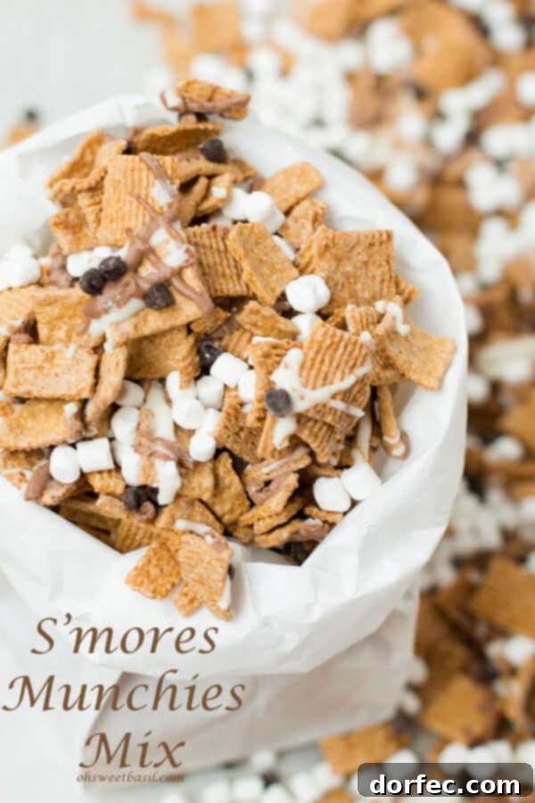 Homemade Peanut Butter M&M Kudos Bars 6 A bowl of S'mores Munchies Snack Mix, featuring graham crackers, chocolate, and marshmallows.