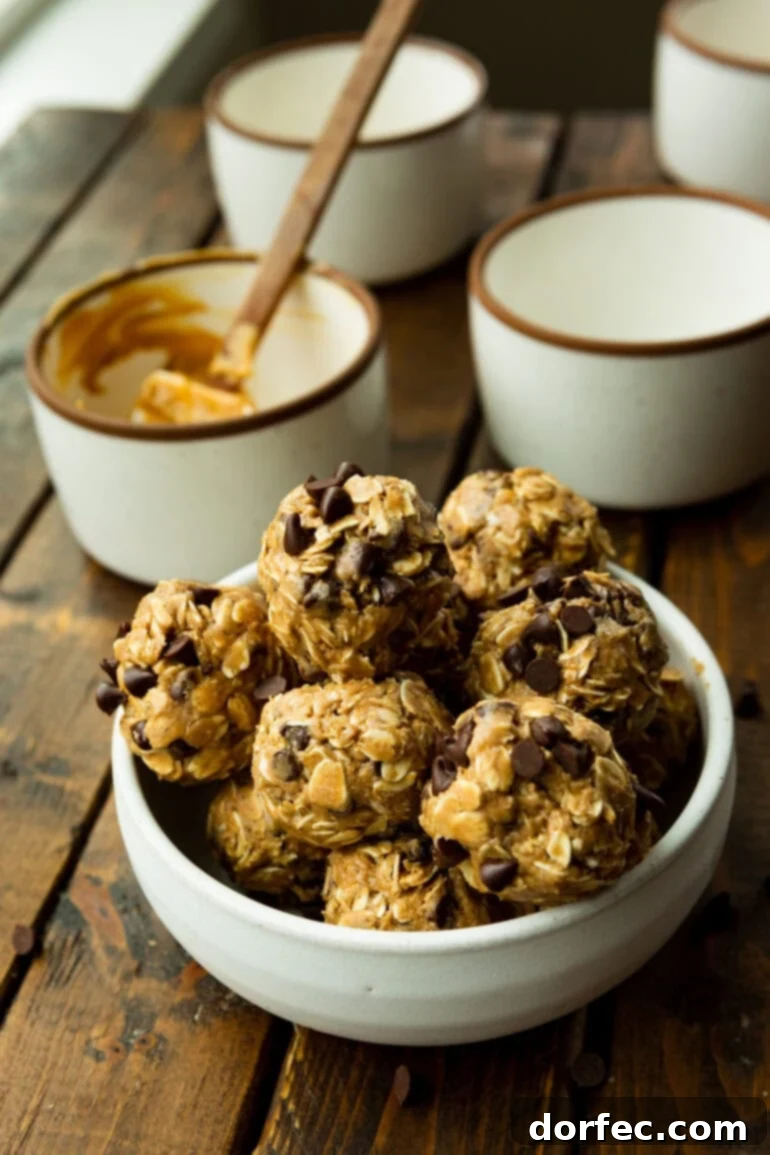 A close-up shot of a large white bowl filled with numerous golden-brown oatmeal protein bites, some with visible chocolate chips, promising a delicious and healthy treat.