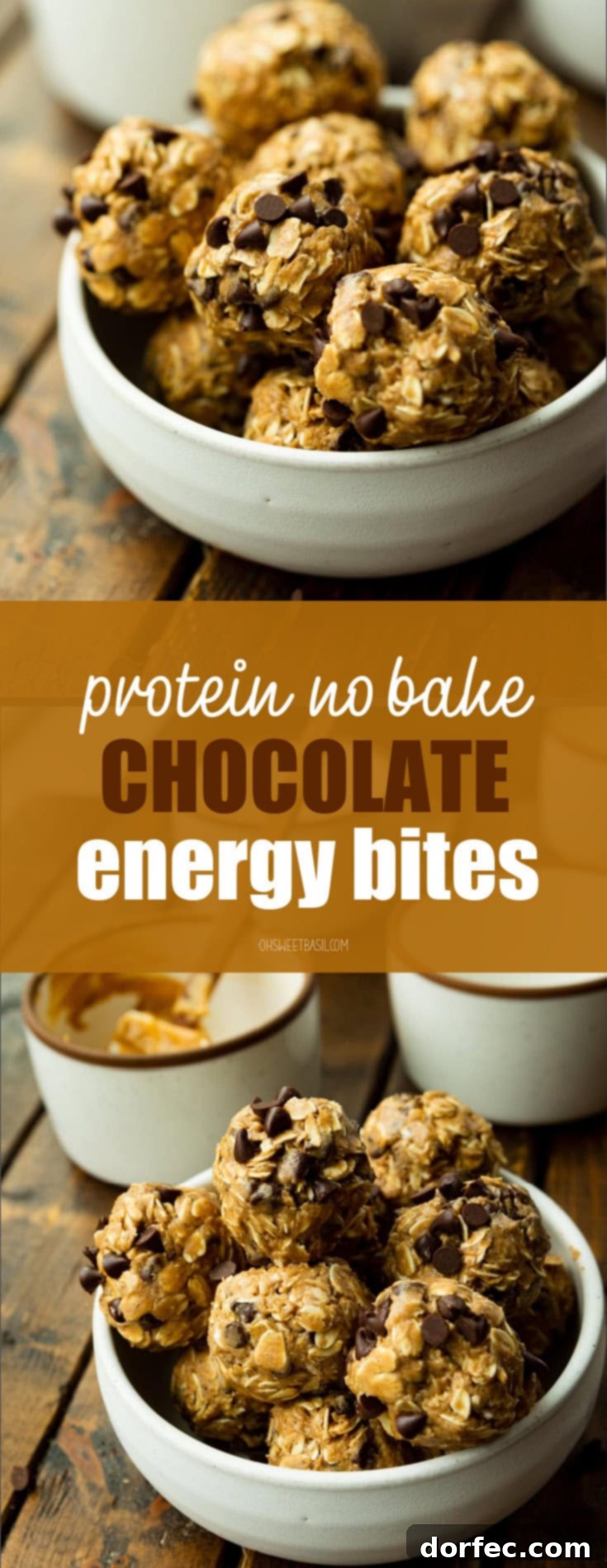 A striking overhead view of a large, pristine white bowl showcasing an abundant collection of protein chocolate energy bites, each glistening with melted chocolate chips, ready to be enjoyed.